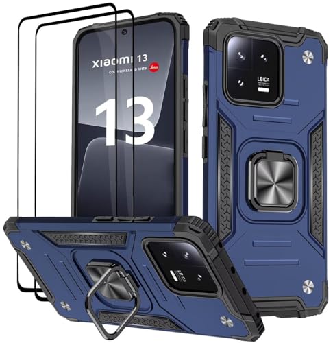 KANSi Hülle für Xiaomi 13, Schutzfolie [2 Stück] Silikon TPU Hart PC Handy Hüllen 360 Grad Drehbar Ringhalter Bumper Stoßdämpfung Schutzhülle - Blau von KANSi
