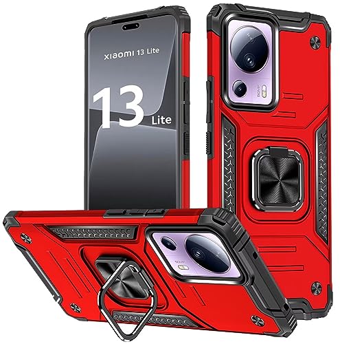 KANSi Hülle für Xiaomi 13 Lite/Xiaomi 13 Lite 5G, Silikon TPU Hart PC Handy Hüllen 360 Grad Drehbar Ringhalter Bumper Stoßdämpfung Schutzhülle - Rote von KANSi