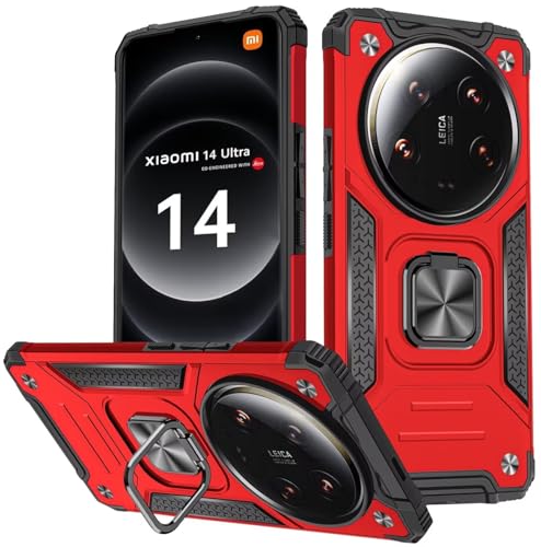 KANSi Hülle für Xiaomi 14 Ultra, Silikon TPU Hart PC Handy Hüllen 360 Grad Drehbar Ringhalter Bumper Stoßdämpfung Schutzhülle - Rote von KANSi