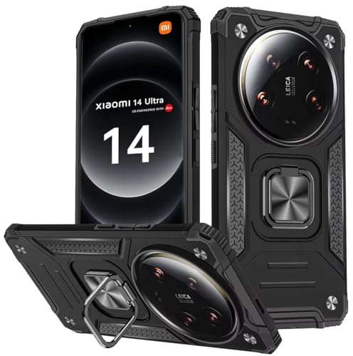 KANSi Hülle für Xiaomi 14 Ultra, Silikon TPU Hart PC Handy Hüllen 360 Grad Drehbar Ringhalter Bumper Stoßdämpfung Schutzhülle - Schwarz von KANSi