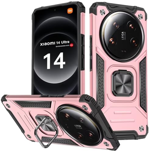 KANSi Hülle für Xiaomi 14 Ultra, Silikon TPU Hart PC HandyHüllen 360 Grad Drehbar Ringhalter Bumper Stoßdämpfung Schutzhülle - Rosé Gold von KANSi