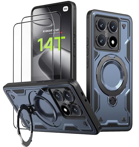 KANSi Hülle für Xiaomi 14T (Nicht Xiaomi 14T Pro) mit Schutzglas*2, Militär Handyhülle Ständer Stoßfest Gehäuse mit Metallring Ringhalterung - Panzerhülle Blau von KANSi