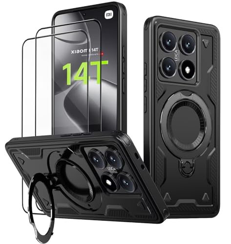 KANSi Hülle für Xiaomi 14T (Nicht Xiaomi 14T Pro) mit Schutzglas*2, Militär Handyhülle Ständer Stoßfest Gehäuse mit Metallring Ringhalterung - Panzerhülle Schwarz von KANSi