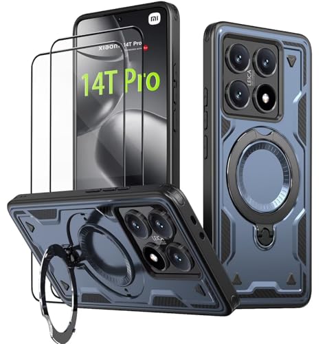 KANSi Hülle für Xiaomi 14T Pro (Nicht Xiaomi 14T) mit Schutzglas*2, Militär Handyhülle Ständer Stoßfest Gehäuse mit Metallring Ringhalterung - Panzerhülle Blau von KANSi