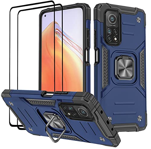 KANSi Hülle für Xiaomi Mi 10T PRO/Mi 10T, Schutzfolie [2 Stück] Silikon TPU Hart PC Handy Hüllen 360 Grad Drehbar Ringhalter Bumper Stoßdämpfung Schutzhülle - Blau von KANSi