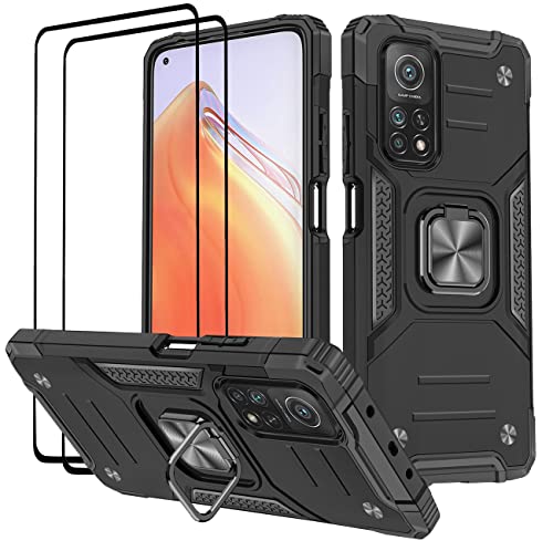 KANSi Hülle für Xiaomi Mi 10T PRO/Mi 10T, Schutzfolie [2 Stück] Silikon TPU Hart PC Handy Hüllen 360 Grad Drehbar Ringhalter Bumper Stoßdämpfung Schutzhülle - Schwarz von KANSi