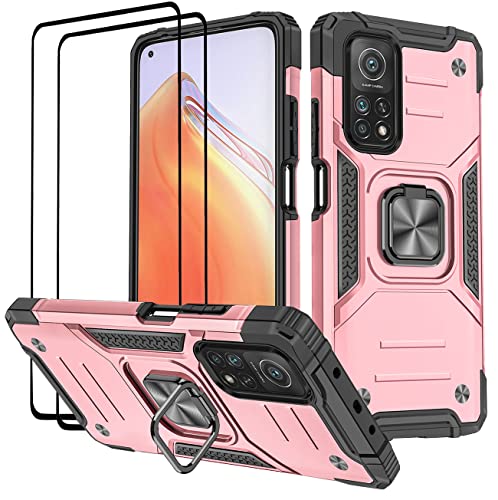 KANSi Hülle für Xiaomi Mi 10T PRO/Mi 10T, Schutzfolie [2 Stück] Silikon TPU Hart PC HandyHüllen 360 Grad Drehbar Ringhalter Bumper Stoßdämpfung Schutzhülle - Rosé Gold von KANSi