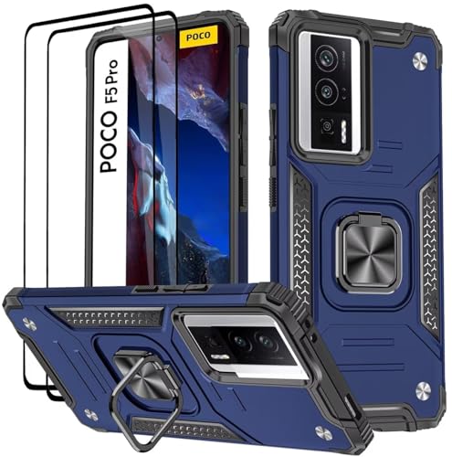 KANSi Hülle für Xiaomi Poco F5 Pro 5G, Schutzfolie [2 Stück] Silikon TPU Hart PC Handy Hüllen 360 Grad Drehbar Ringhalter Bumper Stoßdämpfung Schutzhülle - Blau von KANSi