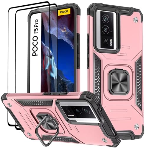 KANSi Hülle für Xiaomi Poco F5 Pro 5G, Schutzfolie [2 Stück] Silikon TPU Hart PC HandyHüllen 360 Grad Drehbar Ringhalter Bumper Stoßdämpfung Schutzhülle - Rosé Gold von KANSi