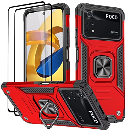 KANSi Hülle für Xiaomi Poco M4 Pro 4G (6.43"), Schutzfolie [2 Stück] Silikon TPU Hart PC Handy Hüllen 360 Grad Drehbar Ringhalter Bumper Stoßdämpfung Schutzhülle - Rote von KANSi