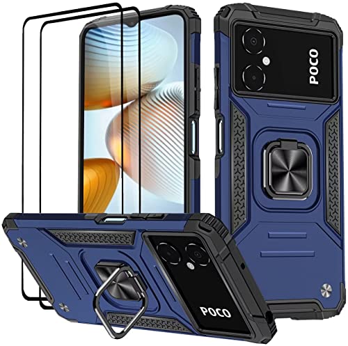 KANSi Hülle für Xiaomi Poco M5 / Poco M4 5G, Schutzfolie [2 Stück] Silikon TPU Hart PC Handy Hüllen 360 Grad Drehbar Ringhalter Bumper Stoßdämpfung Schutzhülle - Blau von KANSi