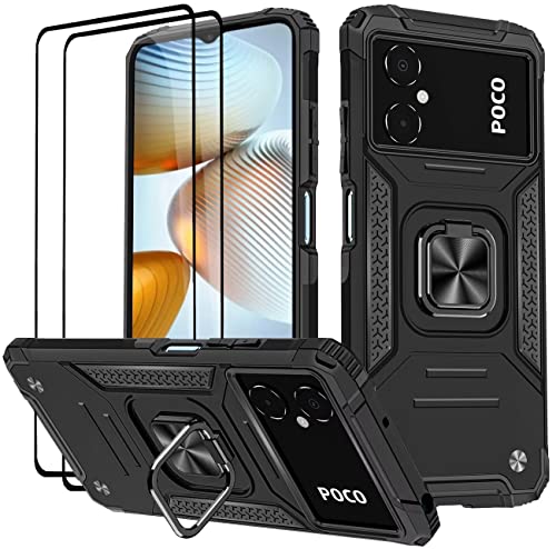 KANSi Hülle für Xiaomi Poco M5 / Poco M4 5G, Schutzfolie [2 Stück] Silikon TPU Hart PC Handy Hüllen 360 Grad Drehbar Ringhalter Bumper Stoßdämpfung Schutzhülle - Schwarz von KANSi