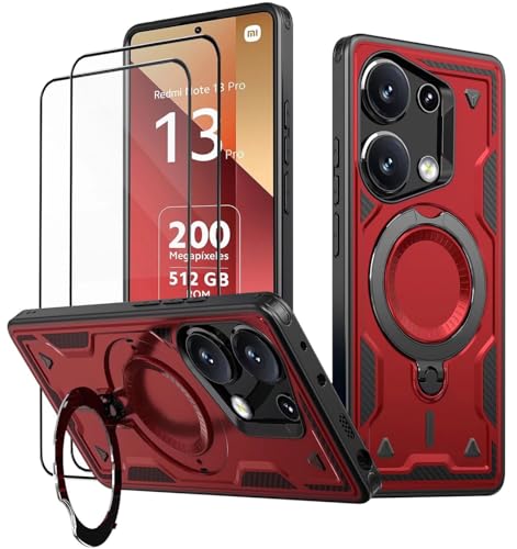 KANSi Hülle für Xiaomi Poco M6 Pro 4G / Redmi Note 13 Pro 4G (Nicht 5G) mit Schutzglas*2, Militär Handyhülle Ständer Stoßfest Gehäuse mit Metallring Ringhalterung - Panzerhülle Rote von KANSi