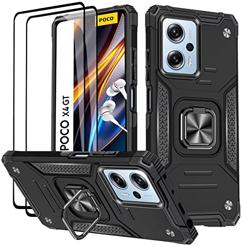 KANSi Hülle für Xiaomi Poco X4 GT 5G, Schutzfolie [2 Stück] Silikon TPU Hart PC Handy Hüllen 360 Grad Drehbar Ringhalter Bumper Stoßdämpfung Schutzhülle - Schwarz von KANSi