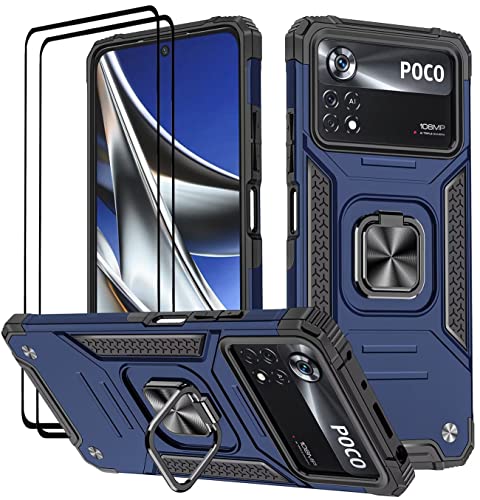 KANSi Hülle für Xiaomi Poco X4 Pro 5G, Schutzfolie [2 Stück] Silikon TPU Hart PC Handy Hüllen 360 Grad Drehbar Ringhalter Bumper Stoßdämpfung Schutzhülle - Blau von KANSi