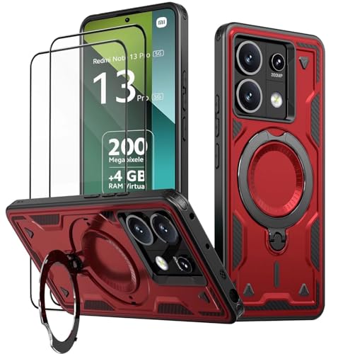 KANSi Hülle für Xiaomi Poco X6 5G / Redmi Note 13 Pro 5G (Nicht 4G) mit Schutzglas*2, Militär Handyhülle Ständer Stoßfest Gehäuse mit Metallring Ringhalterung - Panzerhülle Rote von KANSi