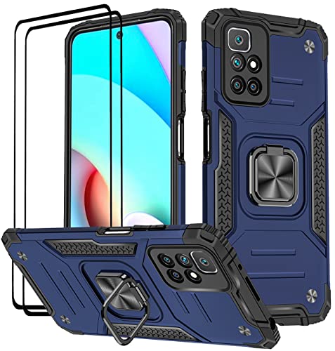 KANSi Hülle für Xiaomi Redmi 10 / Redmi 10 2022, Schutzfolie [2 Stück] Silikon TPU Hart PC Handy Hüllen 360 Grad Drehbar Ringhalter Bumper Stoßdämpfung Schutzhülle - Blau von KANSi