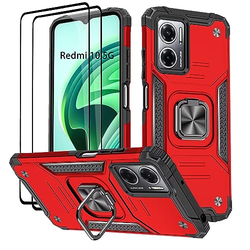 KANSi Hülle für Xiaomi Redmi 10 5G, Schutzfolie [2 Stück] Silikon TPU Hart PC Handy Hüllen 360 Grad Drehbar Ringhalter Bumper Stoßdämpfung Schutzhülle - Rote von KANSi
