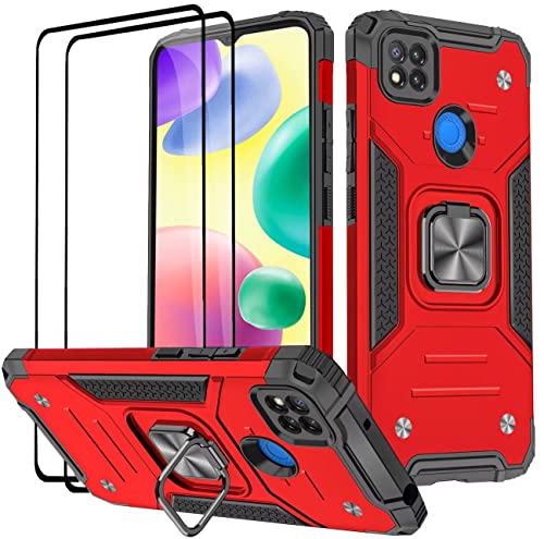 KANSi Hülle für Xiaomi Redmi 10A / Redmi 9C, Schutzfolie [2 Stück] Silikon TPU Hart PC Handy Hüllen 360 Grad Drehbar Ringhalter Bumper Stoßdämpfung Schutzhülle - Rote von KANSi