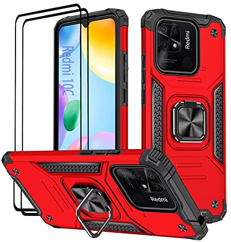 KANSi Hülle für Xiaomi Redmi 10C, Schutzfolie [2 Stück] Silikon TPU Hart PC Handy Hüllen 360 Grad Drehbar Ringhalter Bumper Stoßdämpfung Schutzhülle - Rote von KANSi