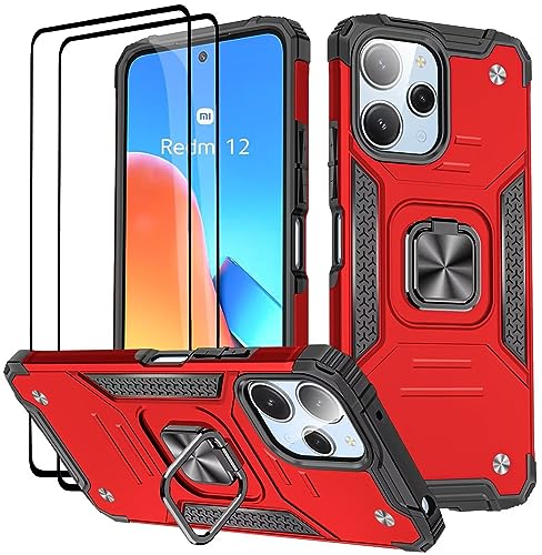 KANSi Hülle für Xiaomi Redmi 12 / Redmi 12 5G, Schutzfolie [2 Stück] Silikon TPU Hart PC Handy Hüllen 360 Grad Drehbar Ringhalter Bumper Stoßdämpfung Schutzhülle - Rote von KANSi