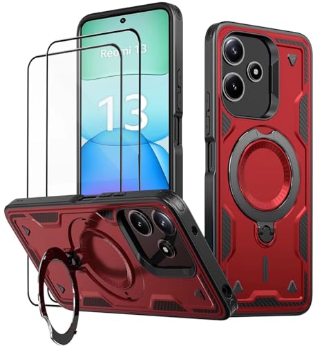 KANSi Hülle für Xiaomi Redmi 13 / Redmi 12 / Poco M6 4G mit Schutzglas*2, Militär Handyhülle Ständer Stoßfest Gehäuse mit Metallring Ringhalterung - Panzerhülle Rote von KANSi