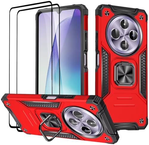 KANSi Hülle für Xiaomi Redmi 14C / Poco C75 / Redmi A4, Schutzfolie [2 Stück] Silikon TPU Hart PC Handy Hüllen 360 Grad Drehbar Ringhalter Bumper Stoßdämpfung Schutzhülle - Rote von KANSi