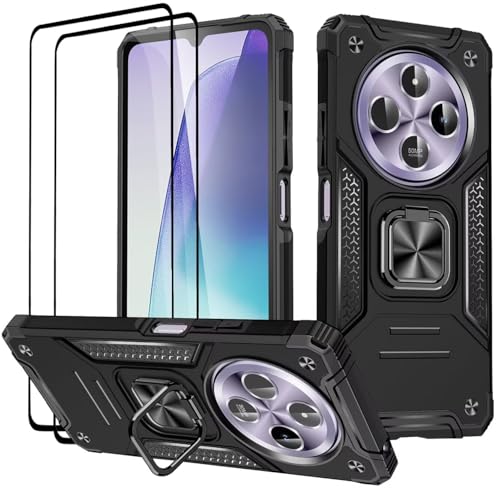 KANSi Hülle für Xiaomi Redmi 14C / Poco C75 / Redmi A4, Schutzfolie [2 Stück] Silikon TPU Hart PC Handy Hüllen 360 Grad Drehbar Ringhalter Bumper Stoßdämpfung Schutzhülle - Schwarz von KANSi