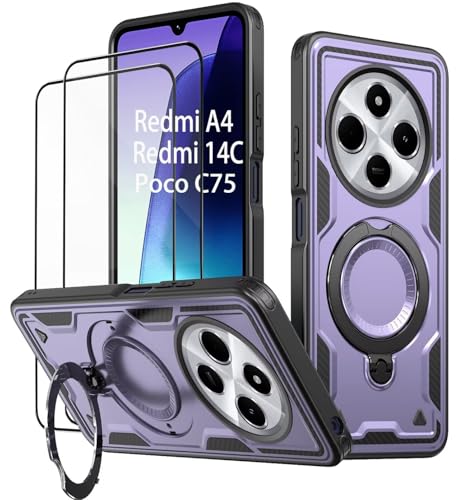 KANSi Hülle für Xiaomi Redmi 14C / Redmi A4 / Poco C75 mit Schutzglas*2, Militär Handyhülle Ständer Stoßfest Gehäuse mit Metallring Ringhalterung - Panzerhülle Violett von KANSi