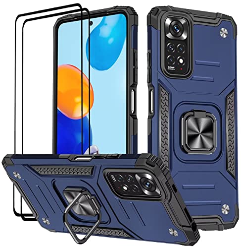 KANSi Hülle für Xiaomi Redmi Note 11 Pro/Note 11 Pro 5G, Schutzfolie [2 Stück] Silikon TPU Hart PC Handy Hüllen 360 Grad Drehbar Ringhalter Bumper Stoßdämpfung Schutzhülle - Blau von KANSi