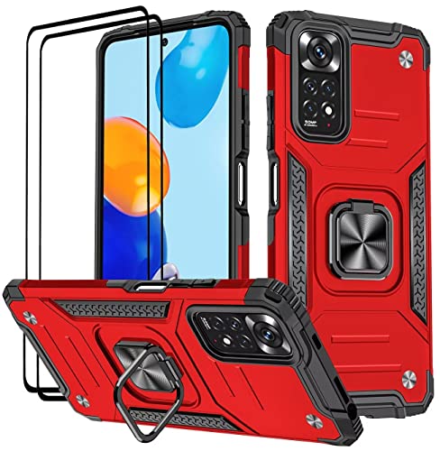 KANSi Hülle für Xiaomi Redmi Note 11 Pro/Note 11 Pro 5G, Schutzfolie [2 Stück] Silikon TPU Hart PC Handy Hüllen 360 Grad Drehbar Ringhalter Bumper Stoßdämpfung Schutzhülle - Rote von KANSi