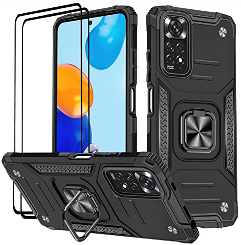 KANSi Hülle für Xiaomi Redmi Note 11 Pro/Note 11 Pro 5G, Schutzfolie [2 Stück] Silikon TPU Hart PC Handy Hüllen 360 Grad Drehbar Ringhalter Bumper Stoßdämpfung Schutzhülle - Schwarz von KANSi