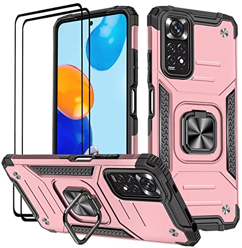 KANSi Hülle für Xiaomi Redmi Note 11 Pro/Note 11 Pro 5G, Schutzfolie [2 Stück] Silikon TPU Hart PC HandyHüllen 360 Grad Drehbar Ringhalter Bumper Stoßdämpfung Schutzhülle - Rosé Gold von KANSi