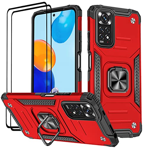 KANSi Hülle für Xiaomi Redmi Note 11S / Redmi Note 11 (6.43"), Schutzfolie [2 Stück] Silikon TPU Hart PC Handy Hüllen 360 Grad Drehbar Ringhalter Bumper Stoßdämpfung Schutzhülle - Rote von KANSi