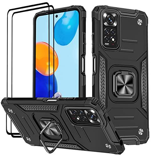 KANSi Hülle für Xiaomi Redmi Note 11S / Redmi Note 11 (6.43"), Schutzfolie [2 Stück] Silikon TPU Hart PC Handy Hüllen 360 Grad Drehbar Ringhalter Bumper Stoßdämpfung Schutzhülle - Schwarz von KANSi