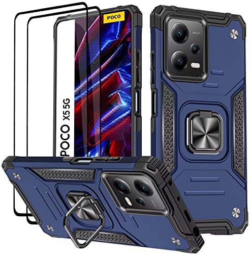 KANSi Hülle für Xiaomi Redmi Note 12 5G / Poco X5 5G, Schutzfolie [2 Stück] Silikon TPU Hart PC Handy Hüllen 360 Grad Drehbar Ringhalter Bumper Stoßdämpfung Schutzhülle - Blau von KANSi