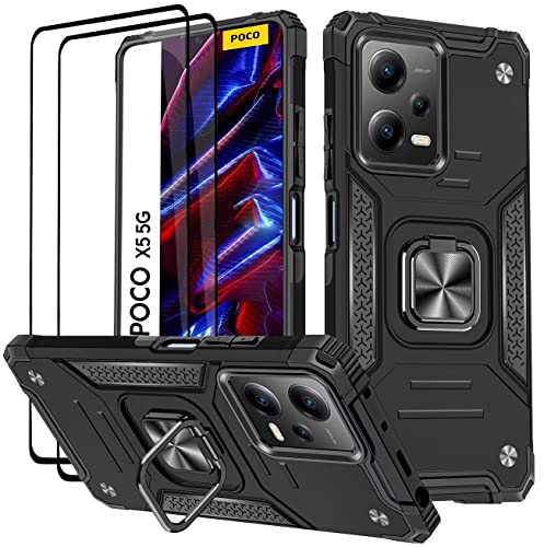 KANSi Hülle für Xiaomi Redmi Note 12 5G / Poco X5 5G, Schutzfolie [2 Stück] Silikon TPU Hart PC Handy Hüllen 360 Grad Drehbar Ringhalter Bumper Stoßdämpfung Schutzhülle - Schwarz von KANSi