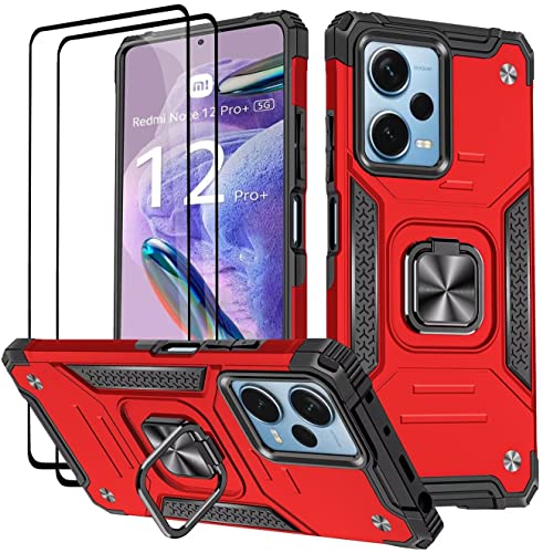 KANSi Hülle für Xiaomi Redmi Note 12 Pro Plus/Redmi Note 12 Pro+, Schutzfolie [2 Stück] Silikon TPU Hart PC Handy Hüllen 360 Grad Drehbar Ringhalter Bumper Stoßdämpfung Schutzhülle - Rote von KANSi