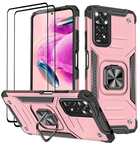 KANSi Hülle für Xiaomi Redmi Note 12S / Redmi Note 11S 4G 6.43", Schutzfolie [2 Stück] Silikon TPU Hart PC HandyHüllen 360 Grad Drehbar Ringhalter Bumper Stoßdämpfung Schutzhülle - Rosé Gold von KANSi