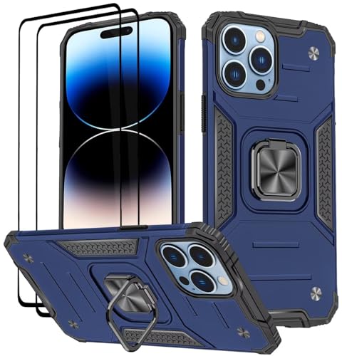 KANSi Hülle für iPhone 14 Pro, Schutzfolie [2 Stück] Silikon TPU Hart PC Handy Hüllen 360 Grad Drehbar Ringhalter Bumper Stoßdämpfung Schutzhülle - Blau von KANSi