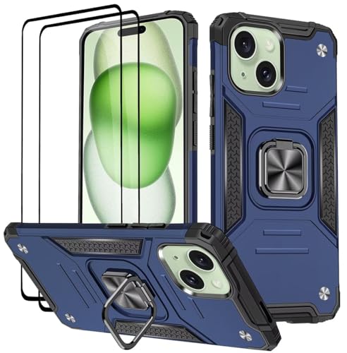 KANSi Hülle für iPhone 15, Schutzfolie [2 Stück] Silikon TPU Hart PC Handy Hüllen 360 Grad Drehbar Ringhalter Bumper Stoßdämpfung Schutzhülle - Blau von KANSi