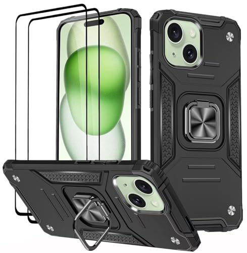 KANSi Hülle für iPhone 15 Plus, Schutzfolie [2 Stück] Silikon TPU Hart PC Handy Hüllen 360 Grad Drehbar Ringhalter Bumper Stoßdämpfung Schutzhülle - Schwarz von KANSi