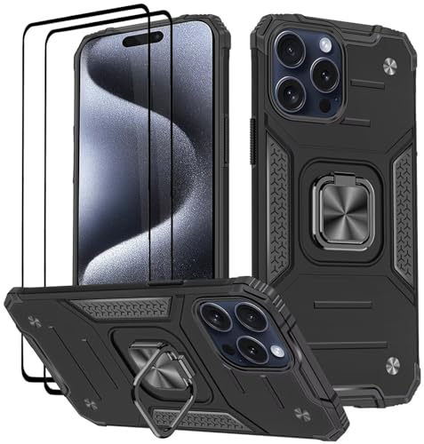 KANSi Hülle für iPhone 15 Pro Max, Schutzfolie [2 Stück] Silikon TPU Hart PC Handy Hüllen 360 Grad Drehbar Ringhalter Bumper Stoßdämpfung Schutzhülle - Schwarz von KANSi