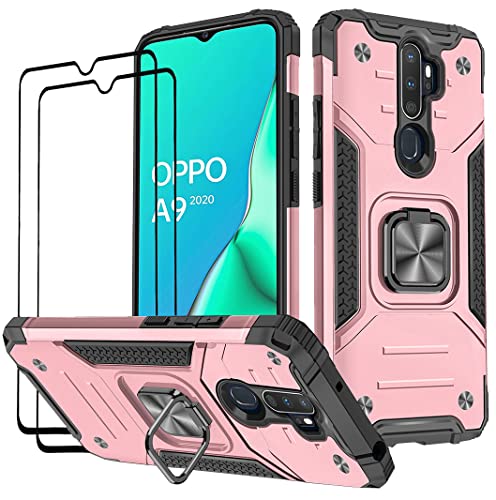 KANSi Hülle kompatibel für Oppo A9 2020 / A5 2020, Schutzfolie [2 Stück] Silikon TPU Hart PC Handy Hüllen 360 Grad Drehbar Ringhalter Bumper Stoßdämpfung Schutzhülle - Rosé Gold von KANSi