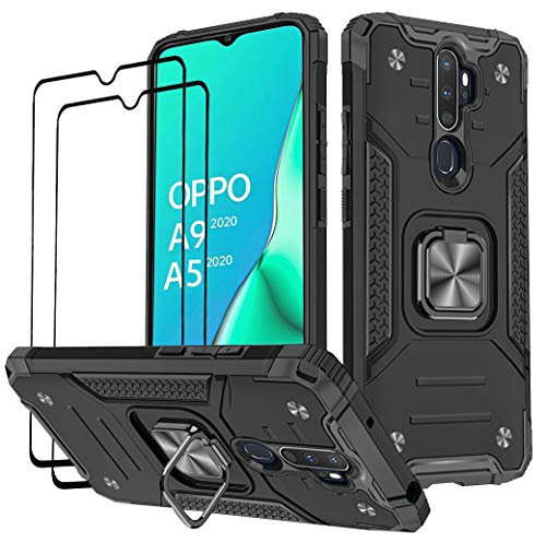 KANSi Hülle kompatibel für Oppo A9 2020 / A5 2020, Schutzfolie [2 Stück] Silikon TPU Hart PC Handy Hüllen 360 Grad Drehbar Ringhalter Bumper Stoßdämpfung Schutzhülle - Schwarz von KANSi