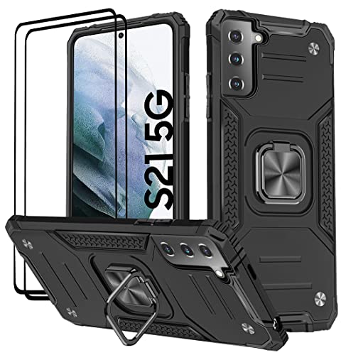 KANSi Hülle kompatibel für Samsung Galaxy S21 5G, Schutzfolie [2 Stück] Silikon TPU Hart PC Handy Hüllen 360 Grad Drehbar Ringhalter Bumper Stoßdämpfung Schutzhülle für Samsung S21 5G - Schwarz von KANSi