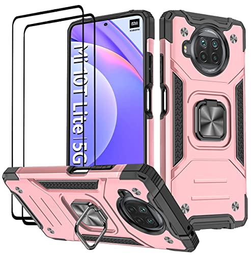 KANSi Hülle kompatibel für Xiaomi Mi 10T Lite 5G, Schutzfolie [2 Stück] Silikon TPU Hart PC Handy Hüllen 360 Grad Drehbar Ringhalter Bumper Stoßdämpfung Schutzhülle für Mi 10T Lite 5G - Rosé Gold von KANSi