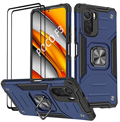 KANSi Hülle kompatibel für Xiaomi Poco F3 ｜ Xiaomi Mi 11i, Schutzfolie [2 Stück] Silikon TPU Hart PC Handy Hüllen 360 Grad Drehbar Ringhalter Bumper Stoßdämpfung Schutzhülle - Blau von KANSi