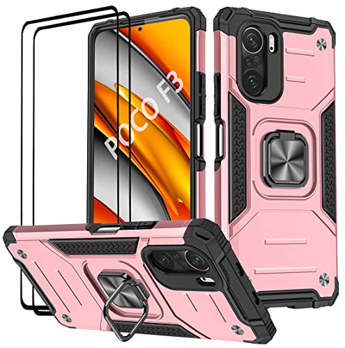 KANSi Hülle kompatibel für Xiaomi Poco F3 ｜ Xiaomi Mi 11i, Schutzfolie [2 Stück] Silikon TPU Hart PC Handy Hüllen 360 Grad Drehbar Ringhalter Bumper Stoßdämpfung Schutzhülle - Rosé Gold von KANSi