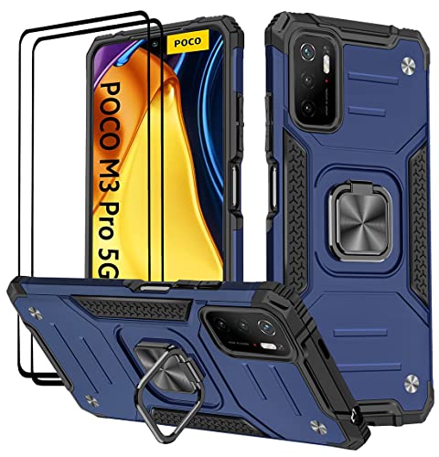KANSi Hülle kompatibel für Xiaomi Poco M3 Pro 5G / Redmi Note 10 5G, Schutzfolie [2 Stück] + Silikon TPU Hart PC Handy Hüllen 360 Grad Drehbar Ringhalter Bumper Stoßdämpfung - Blau von KANSi